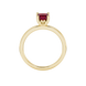 Princess raspberry red gemstone ring, yellow gold lotus basket setting.