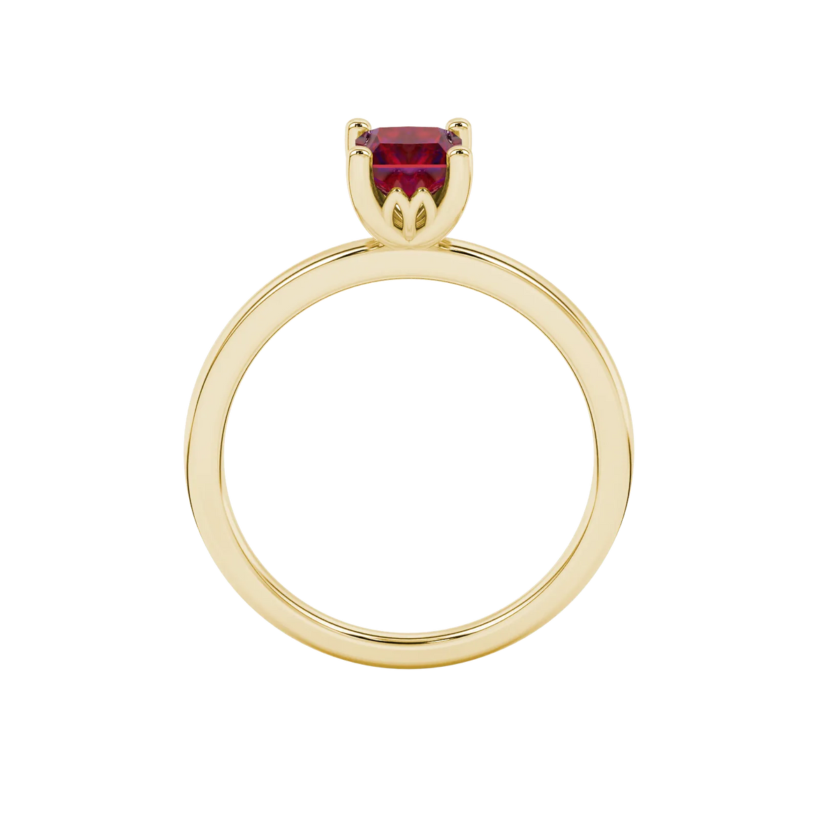 Princess raspberry red gemstone ring, yellow gold lotus basket setting.