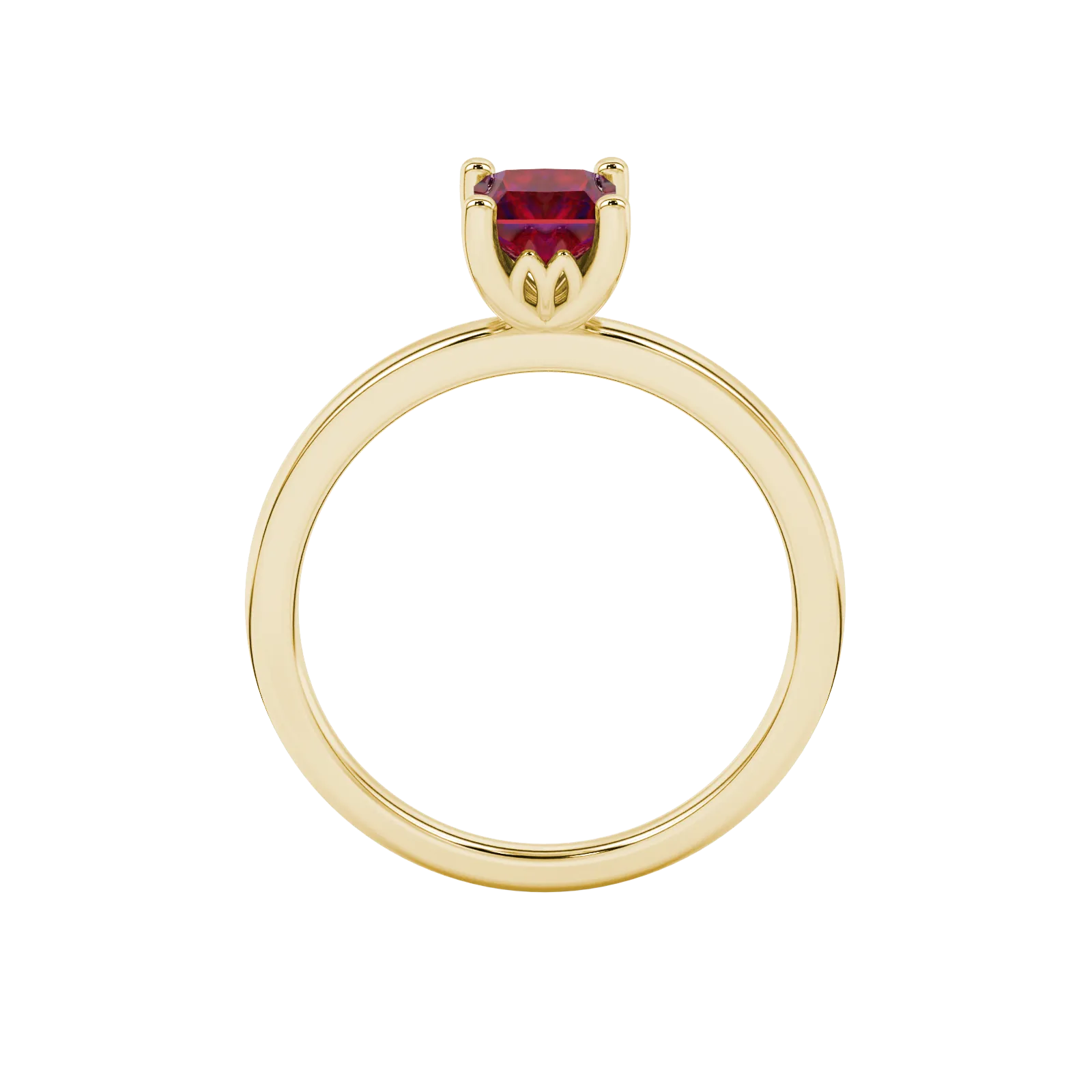 Princess raspberry red gemstone ring, yellow gold lotus basket setting.