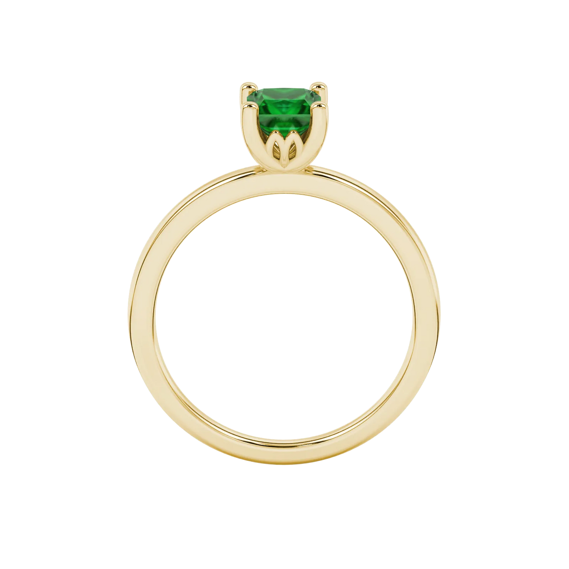 Princess emerald green gemstone ring, yellow gold lotus basket setting.