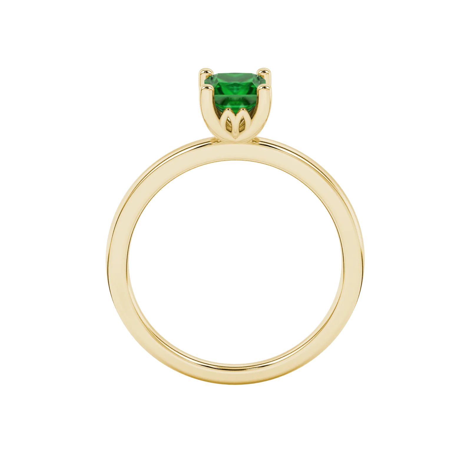 Princess emerald green gemstone ring, yellow gold lotus basket setting.