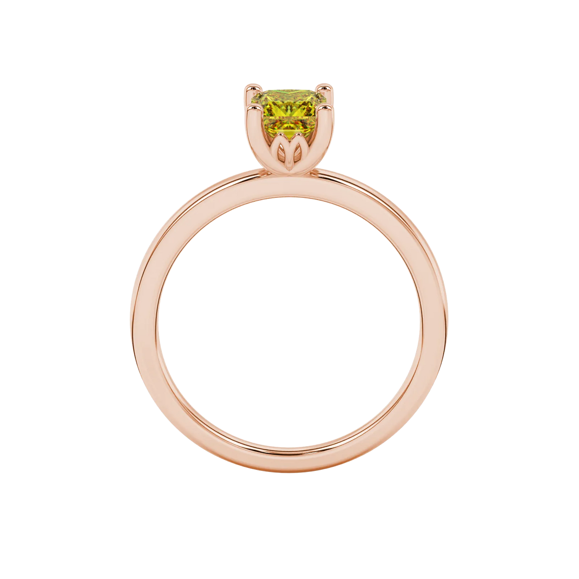 Princess canary yellow gemstone ring, rose gold lotus basket setting.