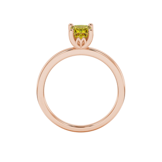 Princess canary yellow gemstone ring, rose gold lotus basket setting.