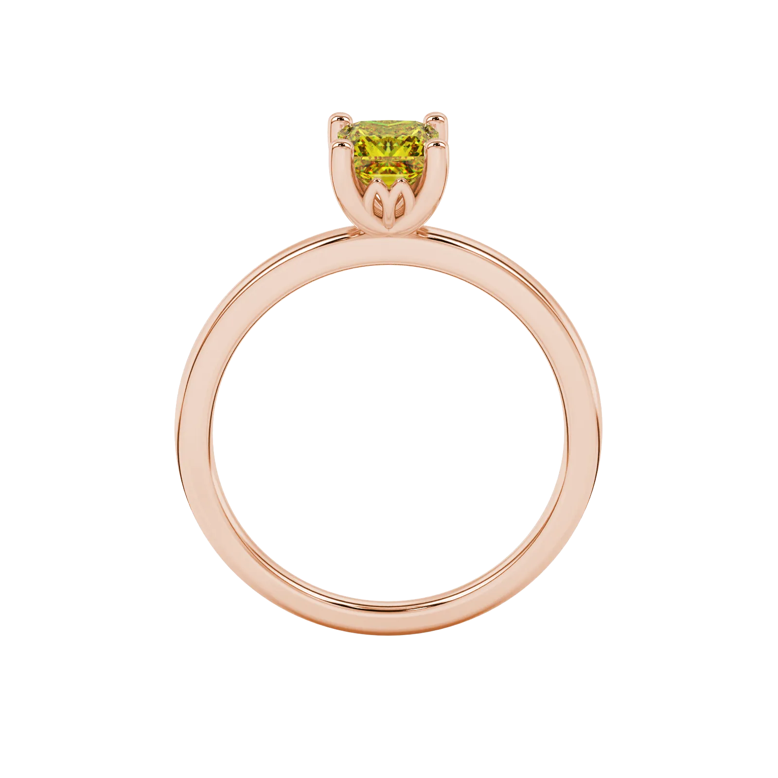 Princess canary yellow gemstone ring, rose gold lotus basket setting.
