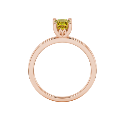 Princess canary yellow gemstone ring, rose gold lotus basket setting.