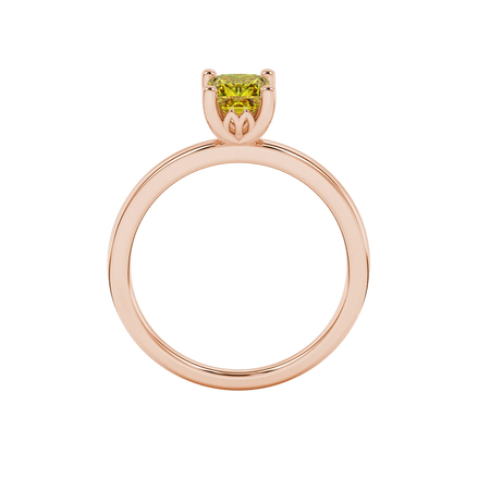 Princess canary yellow gemstone ring, rose gold lotus basket setting.