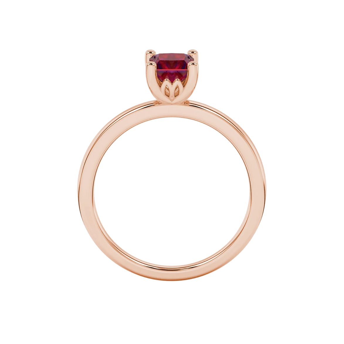 Princess raspberry red gemstone ring, rose gold lotus basket setting.