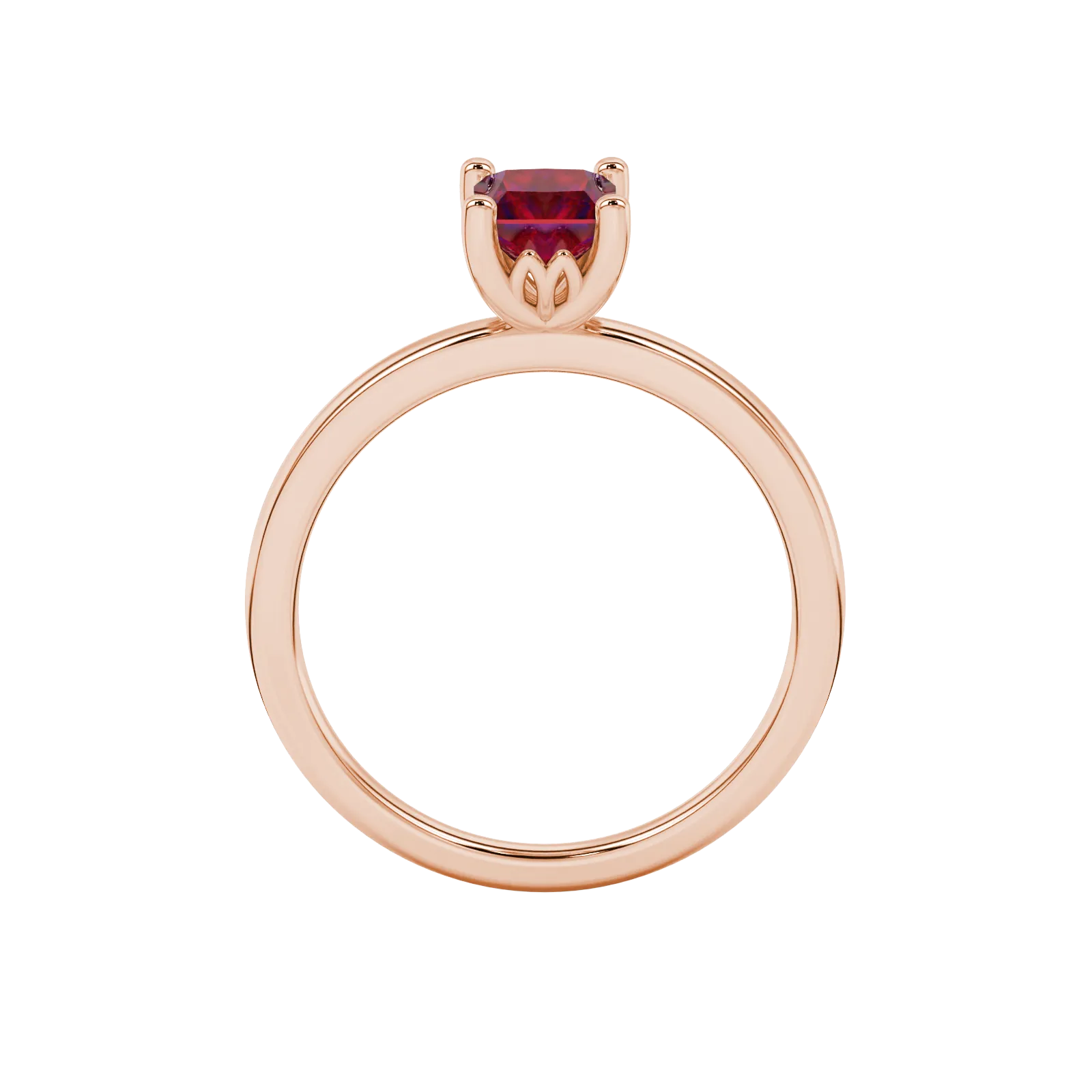 Princess raspberry red gemstone ring, rose gold lotus basket setting.