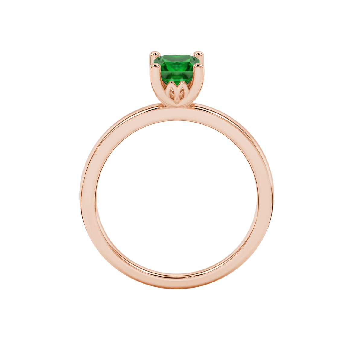 Princess emerald green gemstone ring, rose gold lotus basket setting.