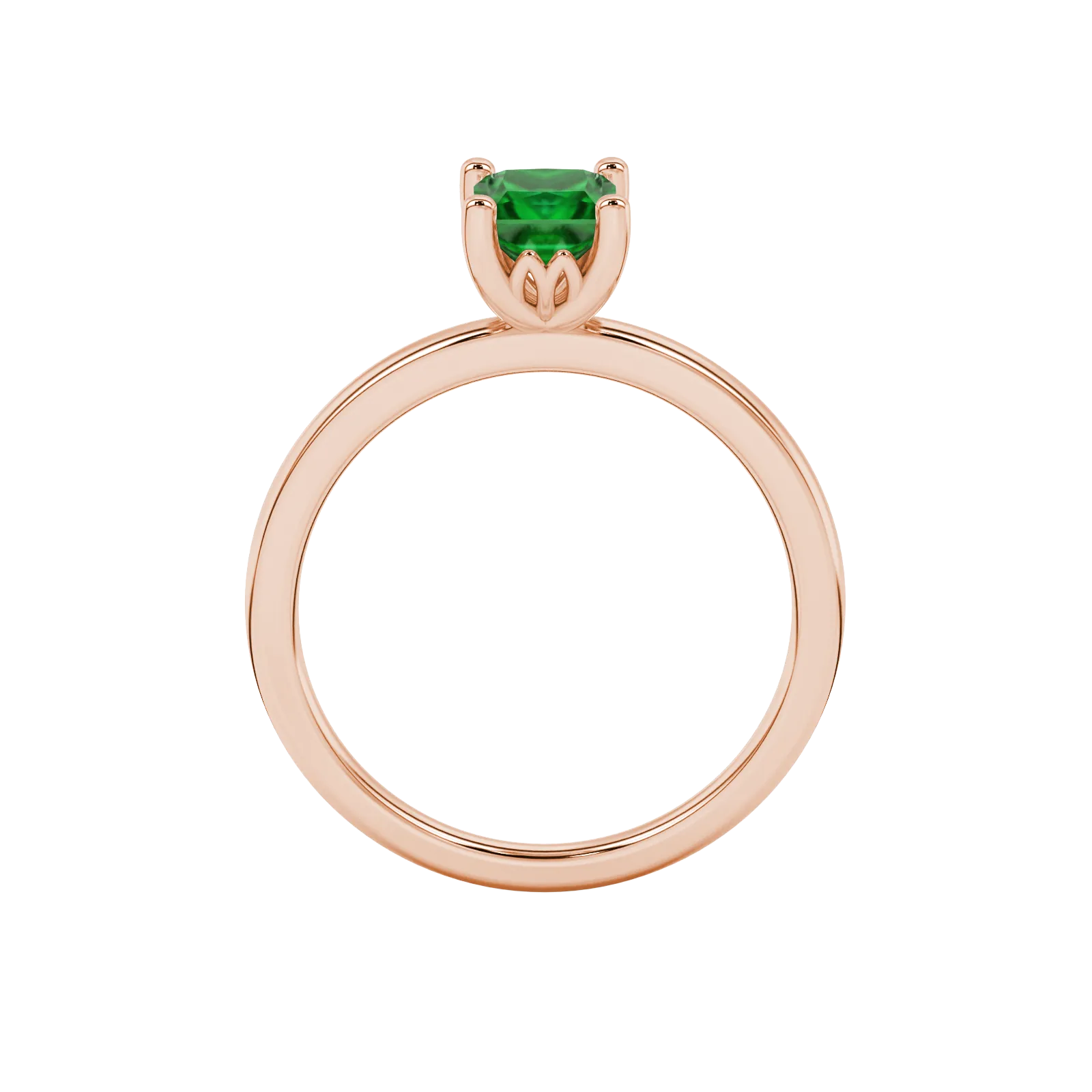 Princess emerald green gemstone ring, rose gold lotus basket setting.