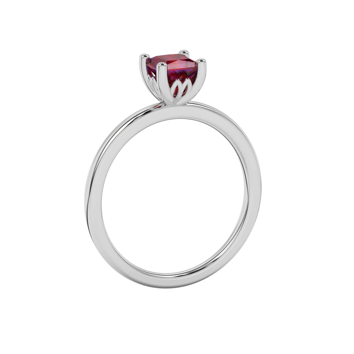 Side profile, white gold raspberry red ring, lotus basket gallery.