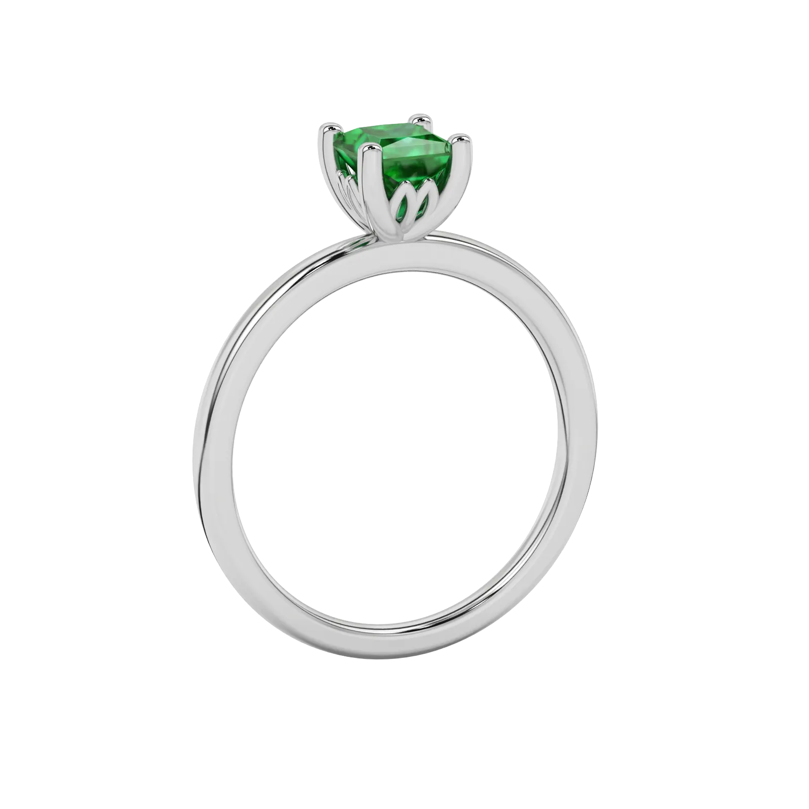 Side profile, white gold emerald green ring, lotus basket gallery.