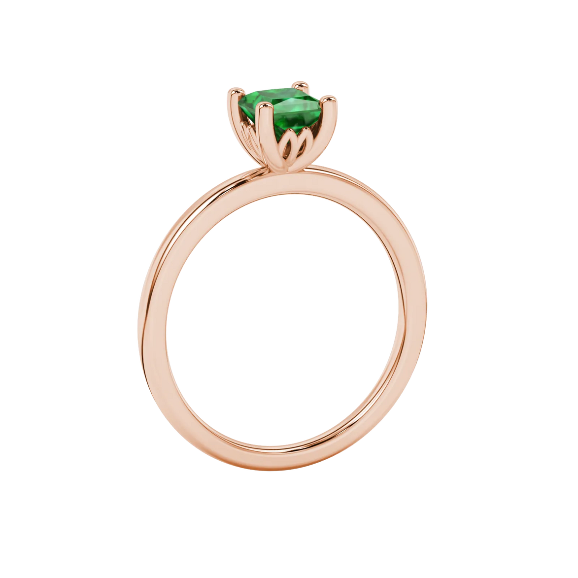 Side profile, rose gold emerald green ring, lotus basket gallery.