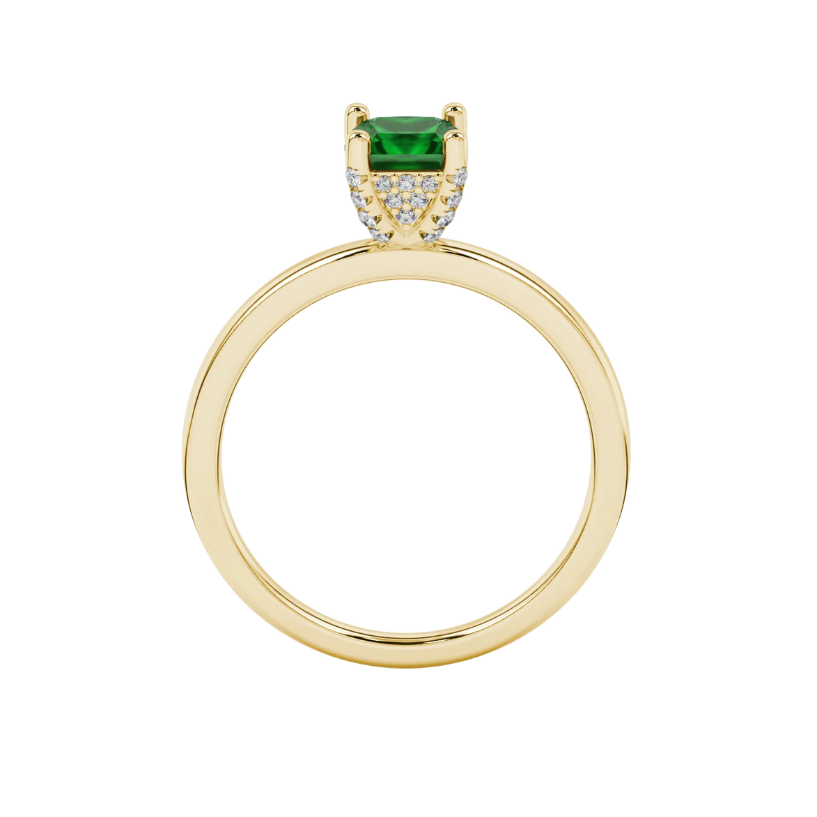 Princess emerald green gemstone ring, yellow gold pavé basket halo.