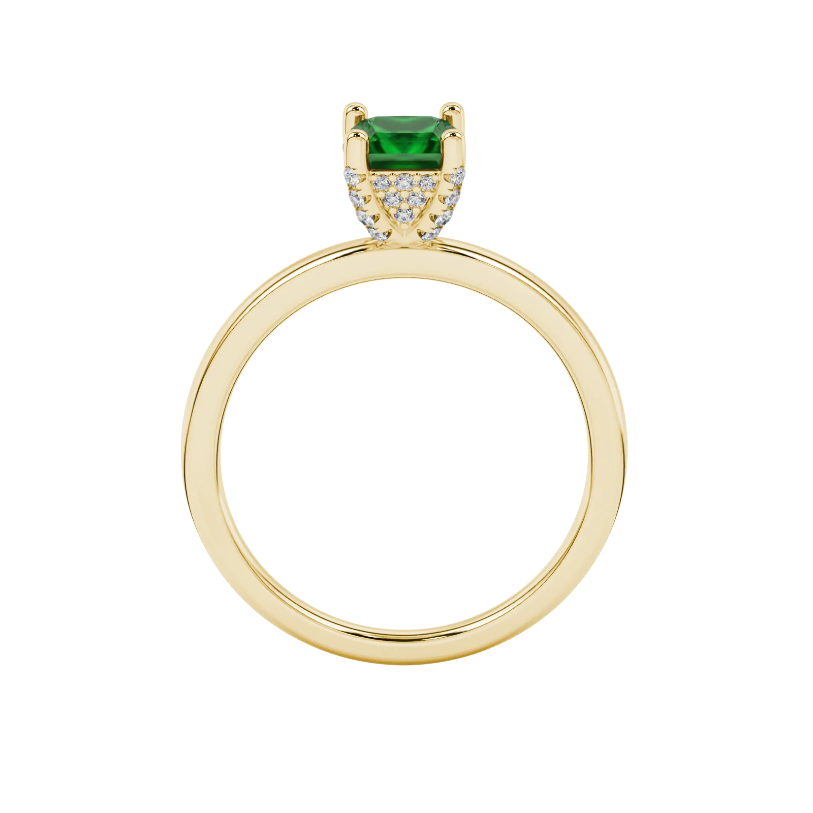 Princess emerald green gemstone ring, yellow gold pavé basket halo.