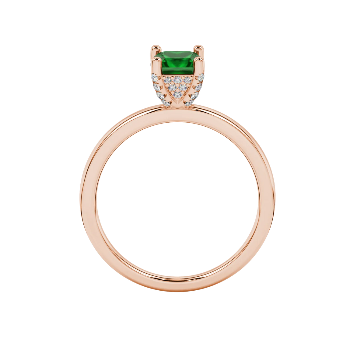 Princess emerald green gemstone ring, rose gold pavé basket halo.
