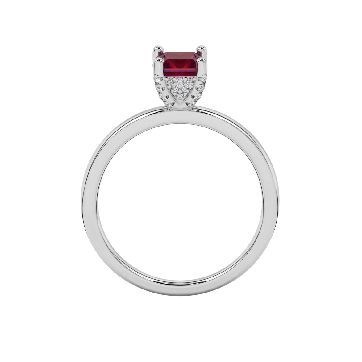 Princess raspberry red gemstone ring, white gold pavé basket halo.