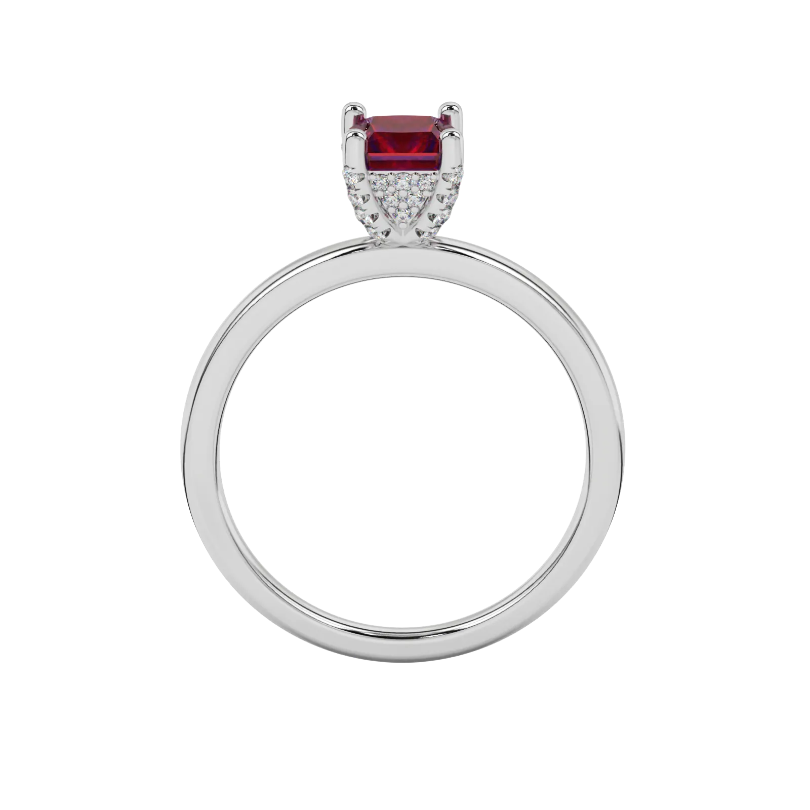 Princess raspberry red gemstone ring, white gold pavé basket halo.