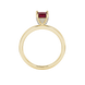 Princess raspberry red gemstone ring, yellow gold pavé basket halo.