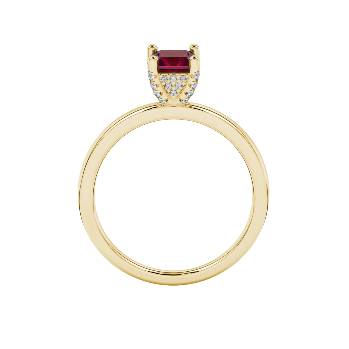Princess raspberry red gemstone ring, yellow gold pavé basket halo.