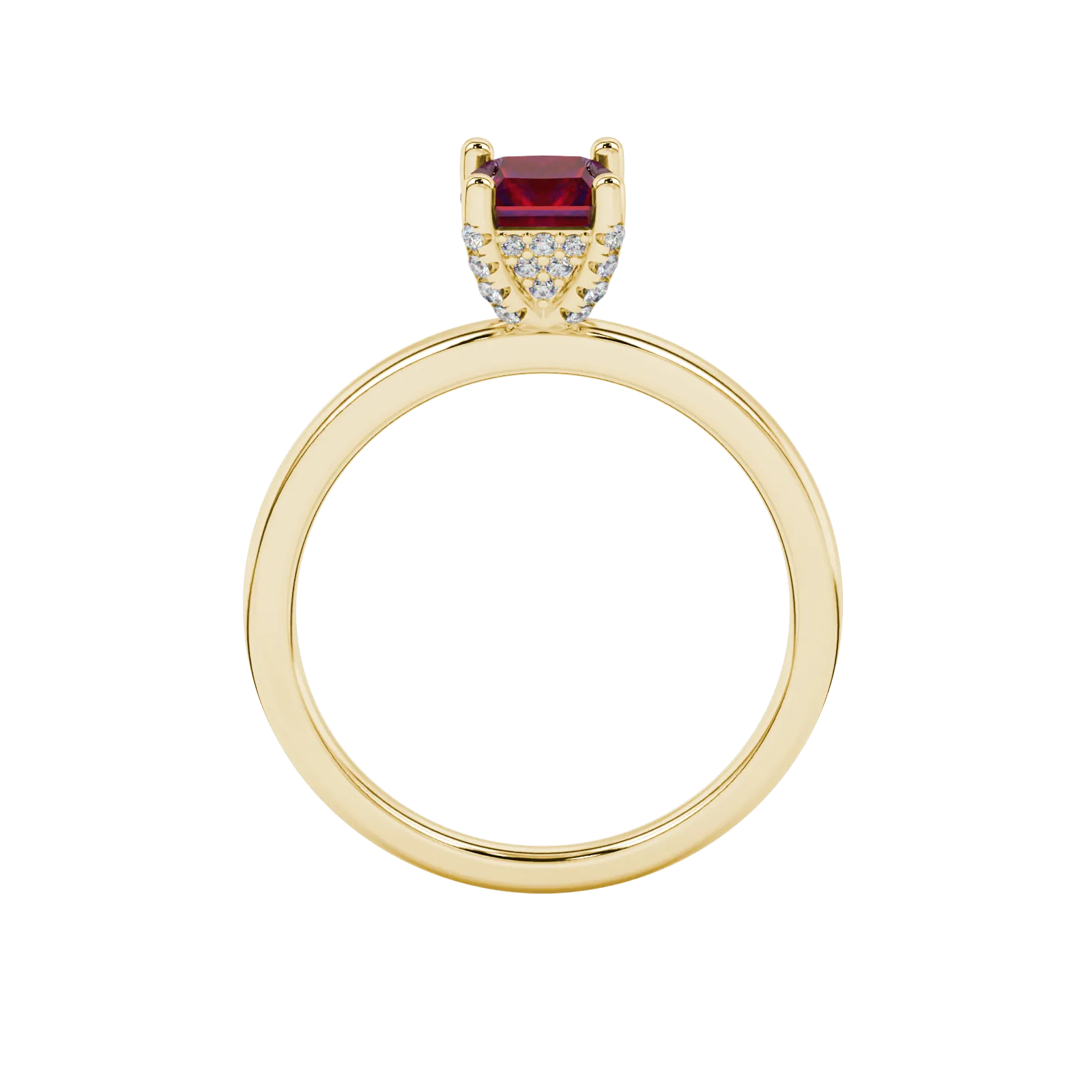 Princess raspberry red gemstone ring, yellow gold pavé basket halo.