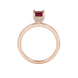 Princess raspberry red gemstone ring, rose gold pavé basket halo.
