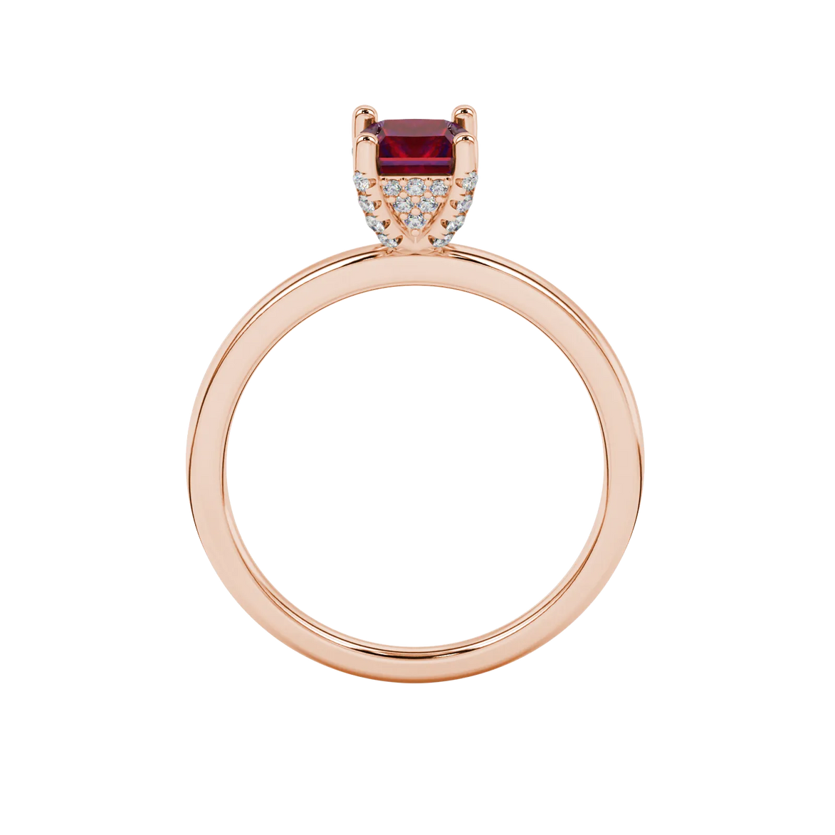 Princess raspberry red gemstone ring, rose gold pavé basket halo.