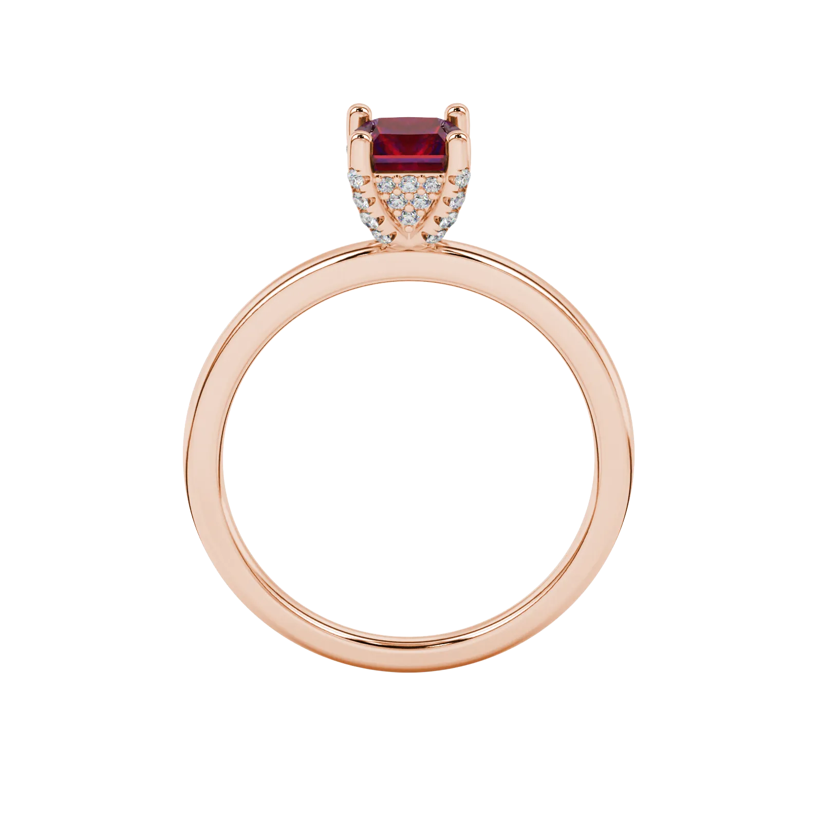 Princess raspberry red gemstone ring, rose gold pavé basket halo.