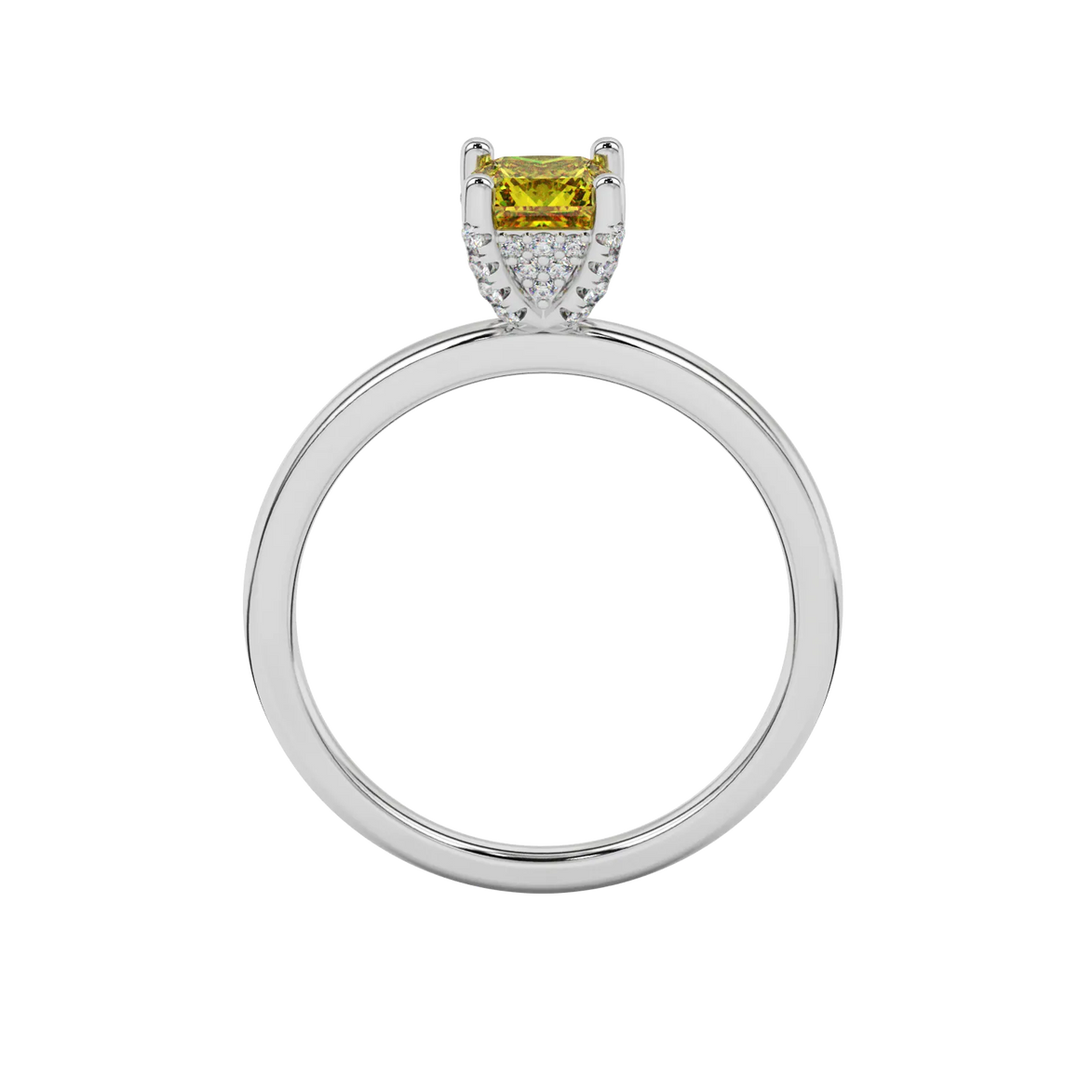 Princess canary yellow gemstone ring, white gold pavé basket halo.