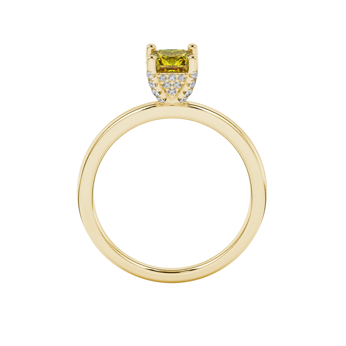 Princess canary yellow gemstone ring, yellow gold pavé basket halo.