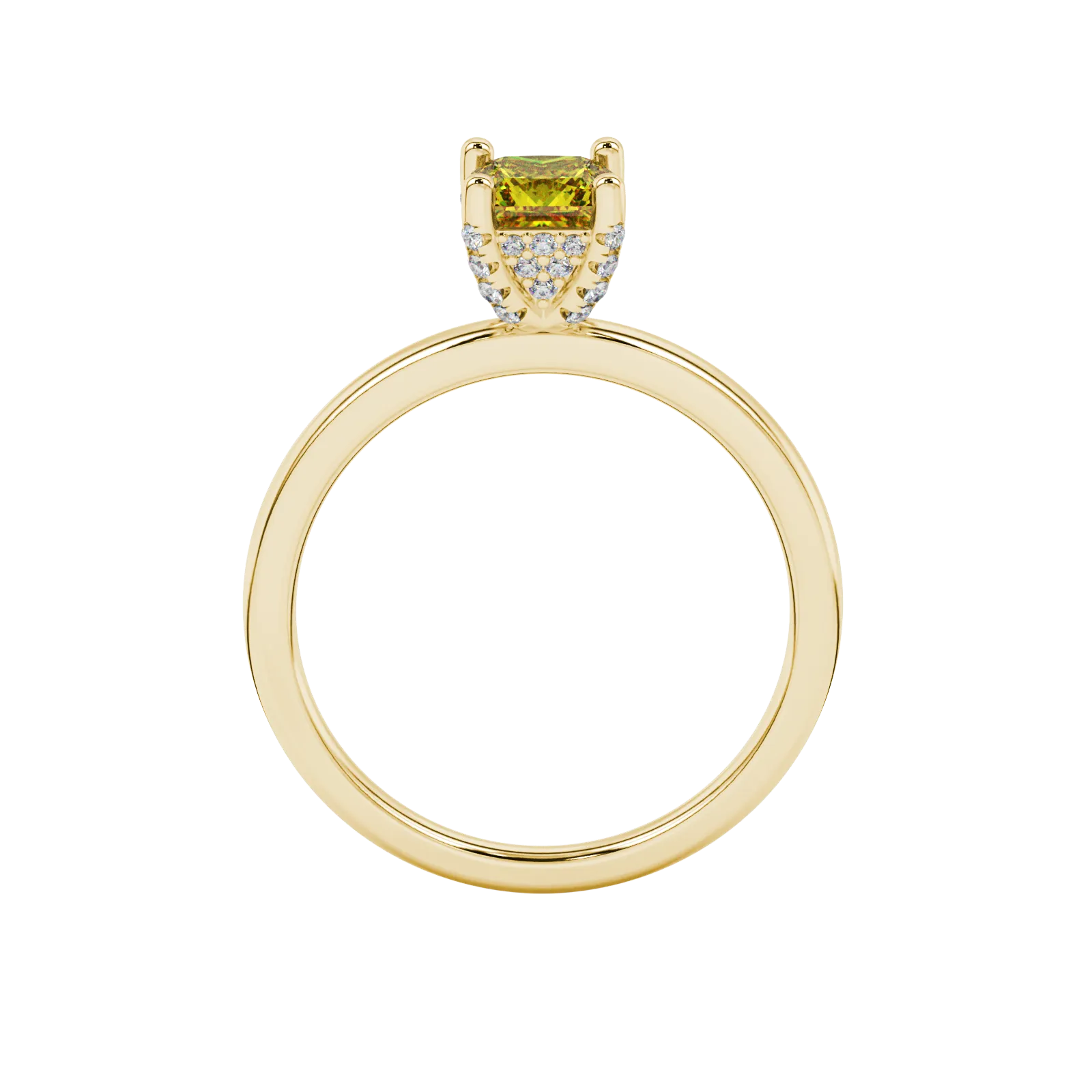 Princess canary yellow gemstone ring, yellow gold pavé basket halo.