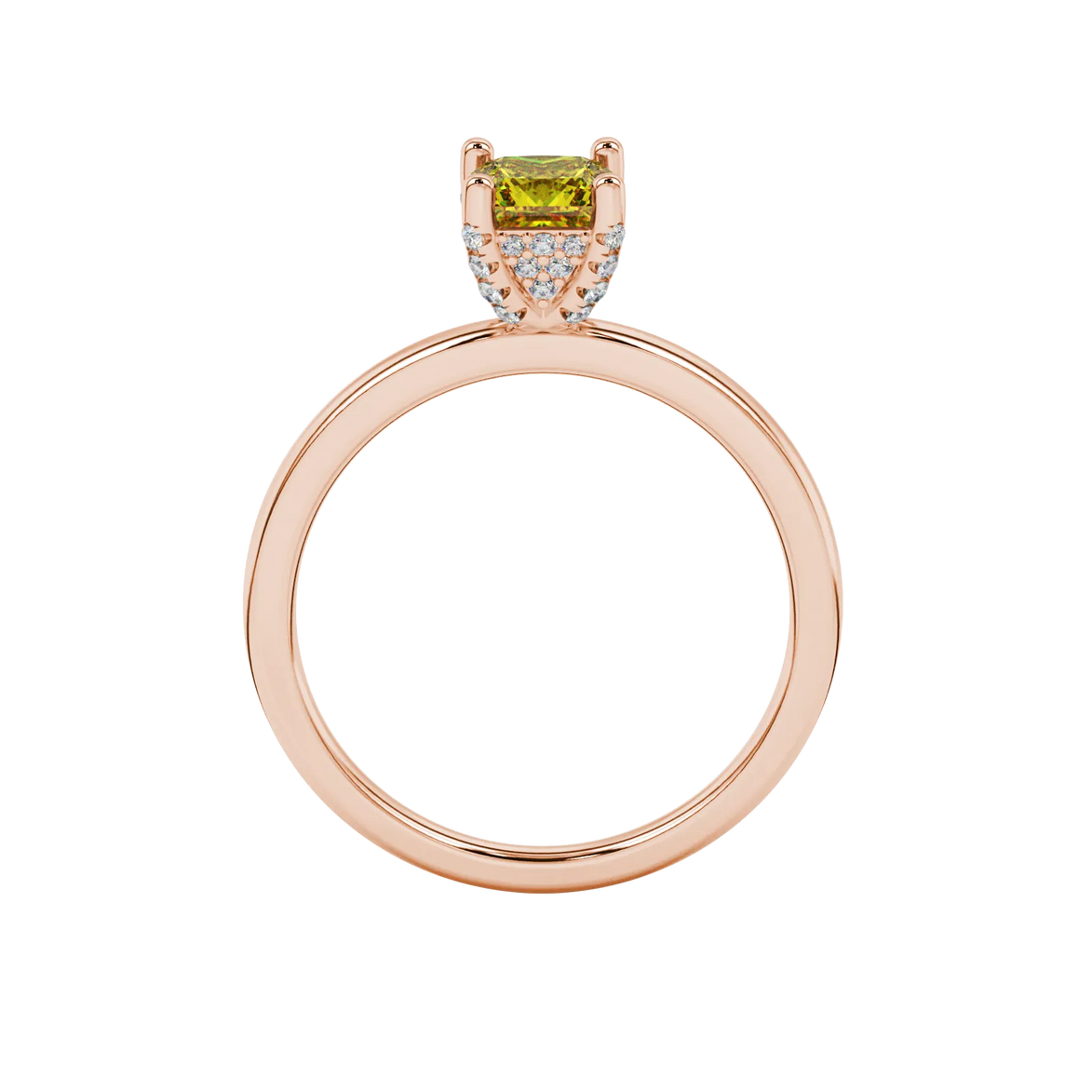 Princess canary yellow gemstone ring, rose gold pavé basket halo.