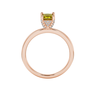 Princess canary yellow gemstone ring, rose gold pavé basket halo.