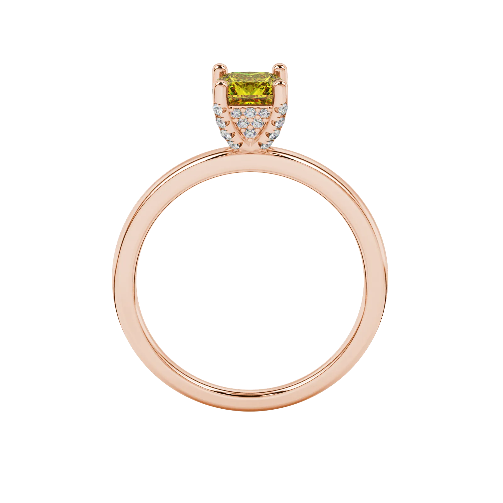Princess canary yellow gemstone ring, rose gold pavé basket halo.
