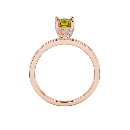 Princess canary yellow gemstone ring, rose gold pavé basket halo.