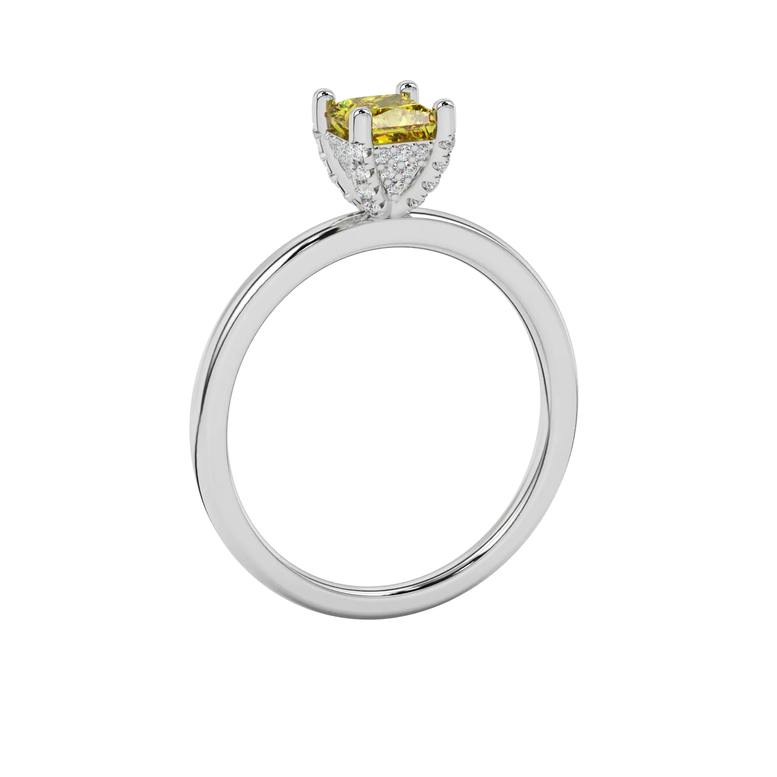 Side profile, white gold canary yellow ring, pavé basket gallery.
