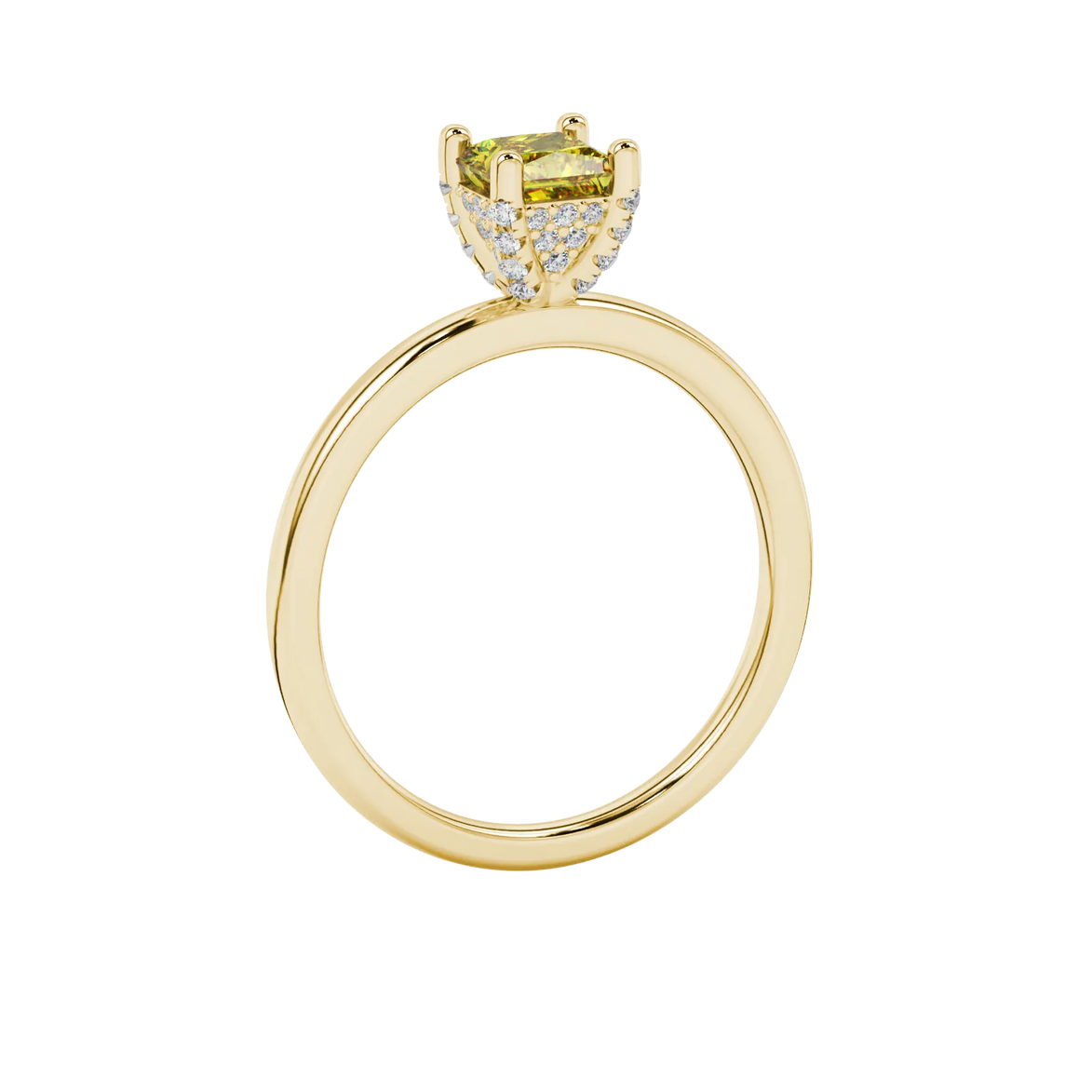 Side profile, yellow gold canary yellow ring, pavé basket gallery.