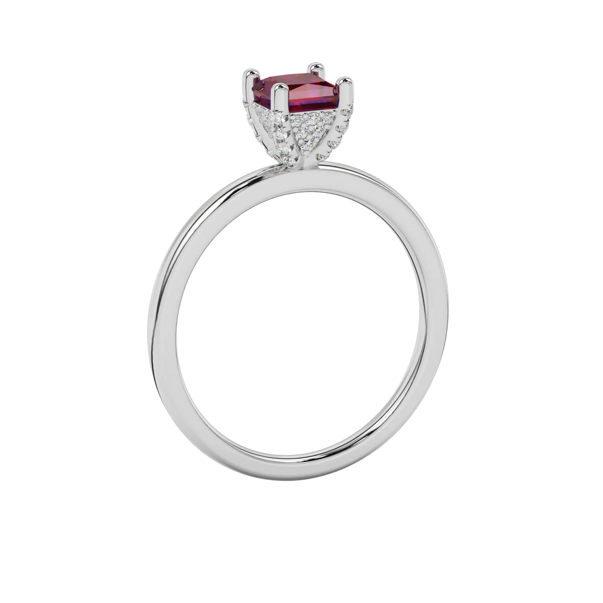 Side profile, white gold raspberry red ring, pavé basket gallery.