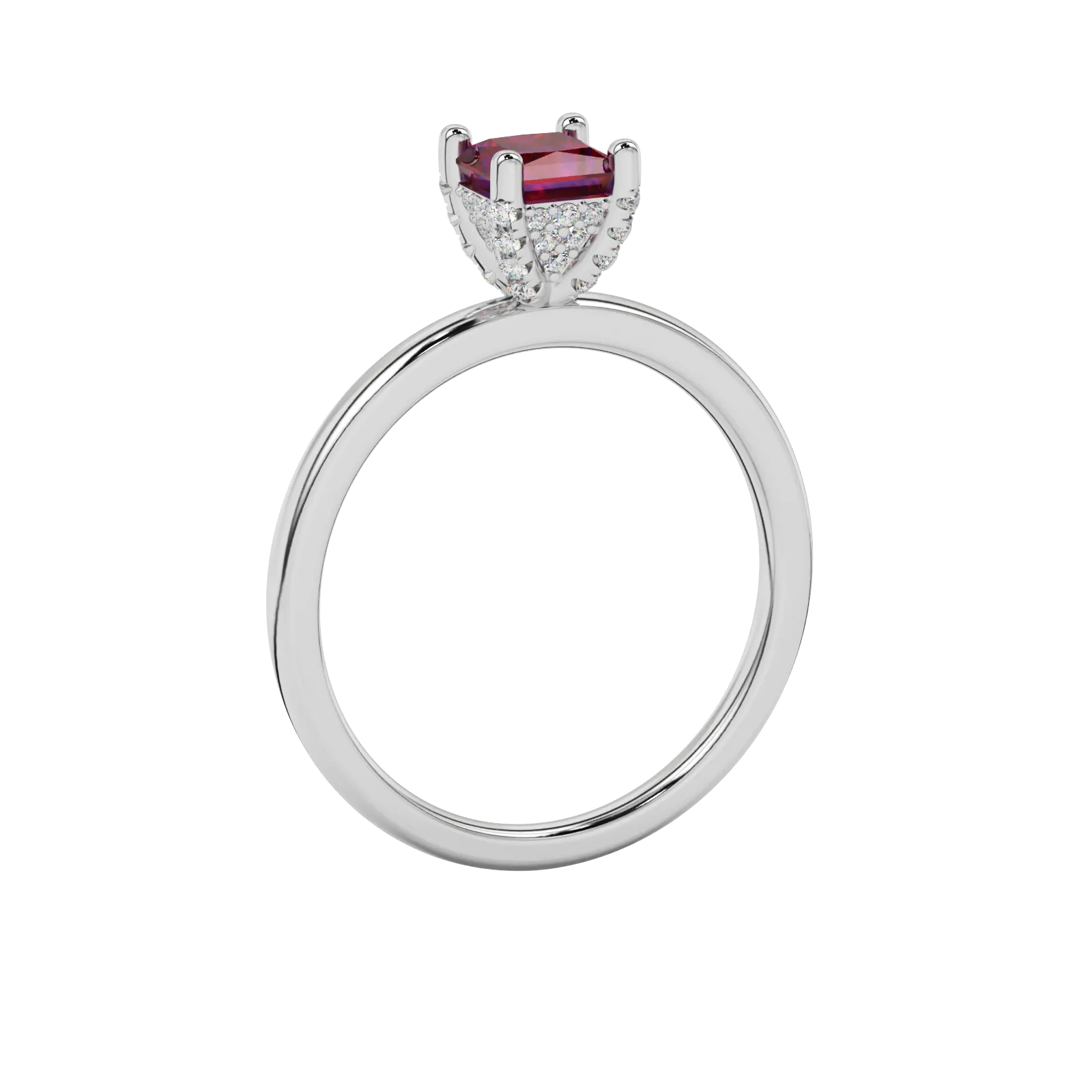 Side profile, white gold raspberry red ring, pavé basket gallery.