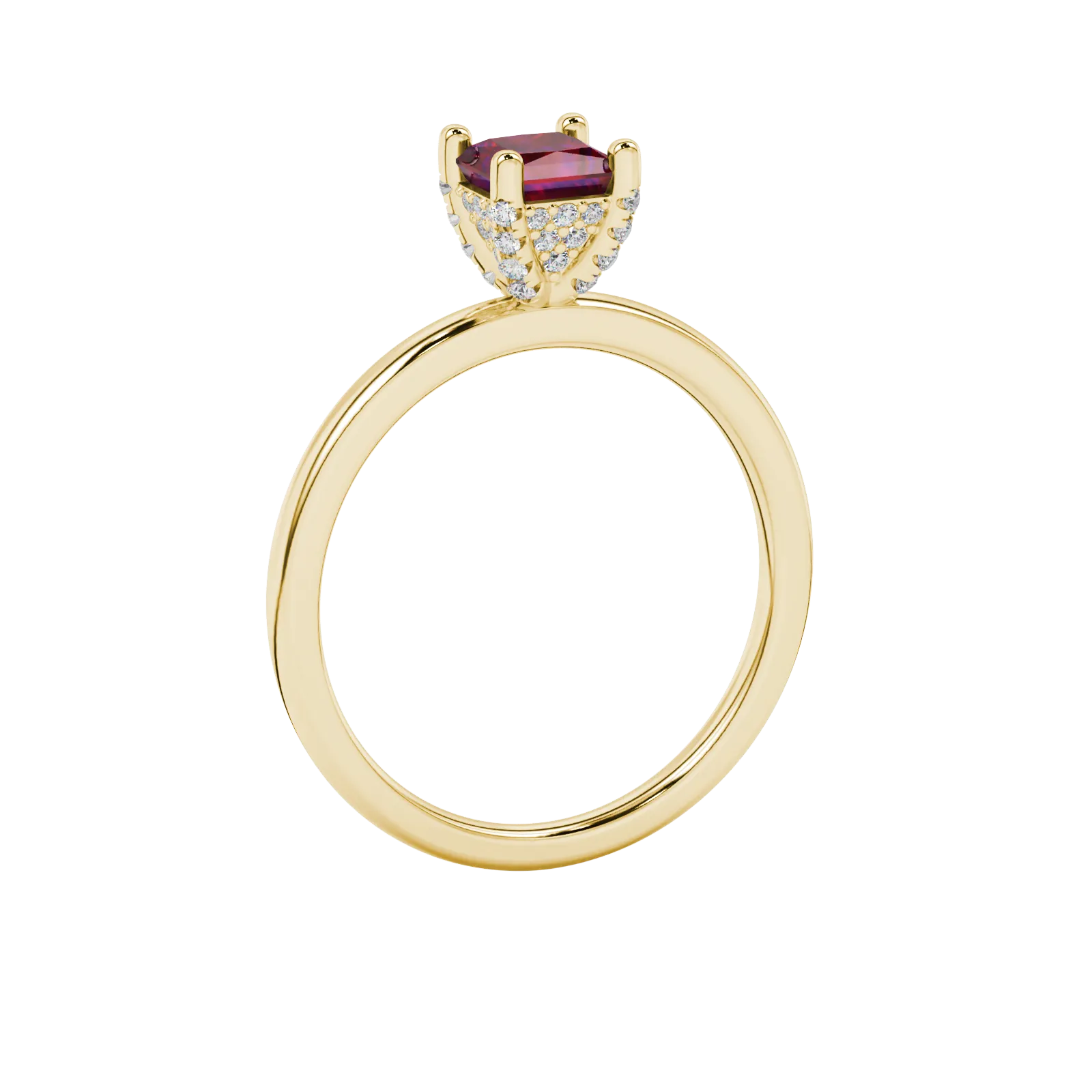 Side profile, yellow gold raspberry red ring, pavé basket gallery.