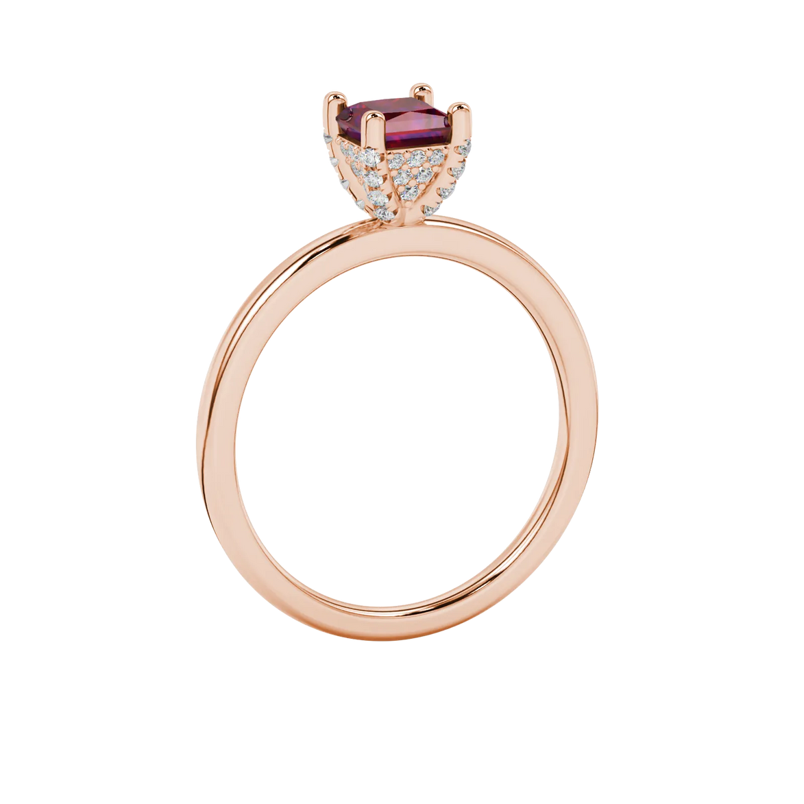 Side profile, rose gold raspberry red ring, pavé basket gallery.