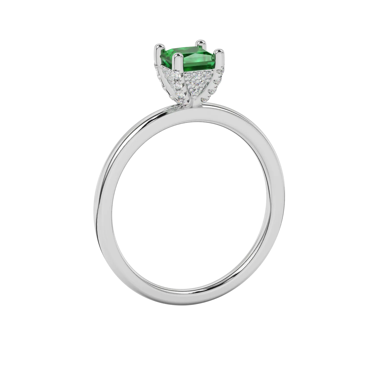 Side profile, white gold emerald green ring, pavé basket gallery.