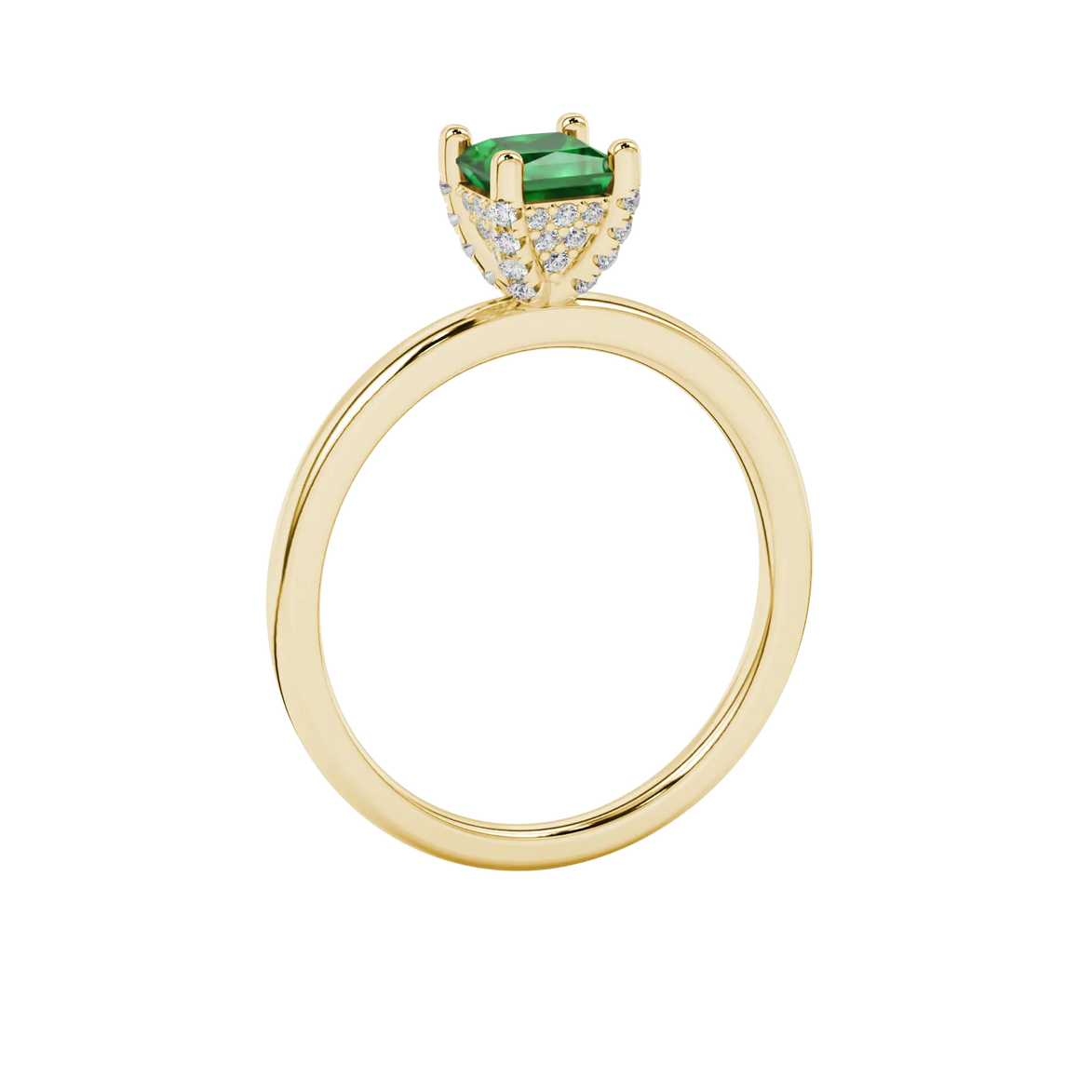 Side profile, yellow gold emerald green ring, pavé basket gallery.