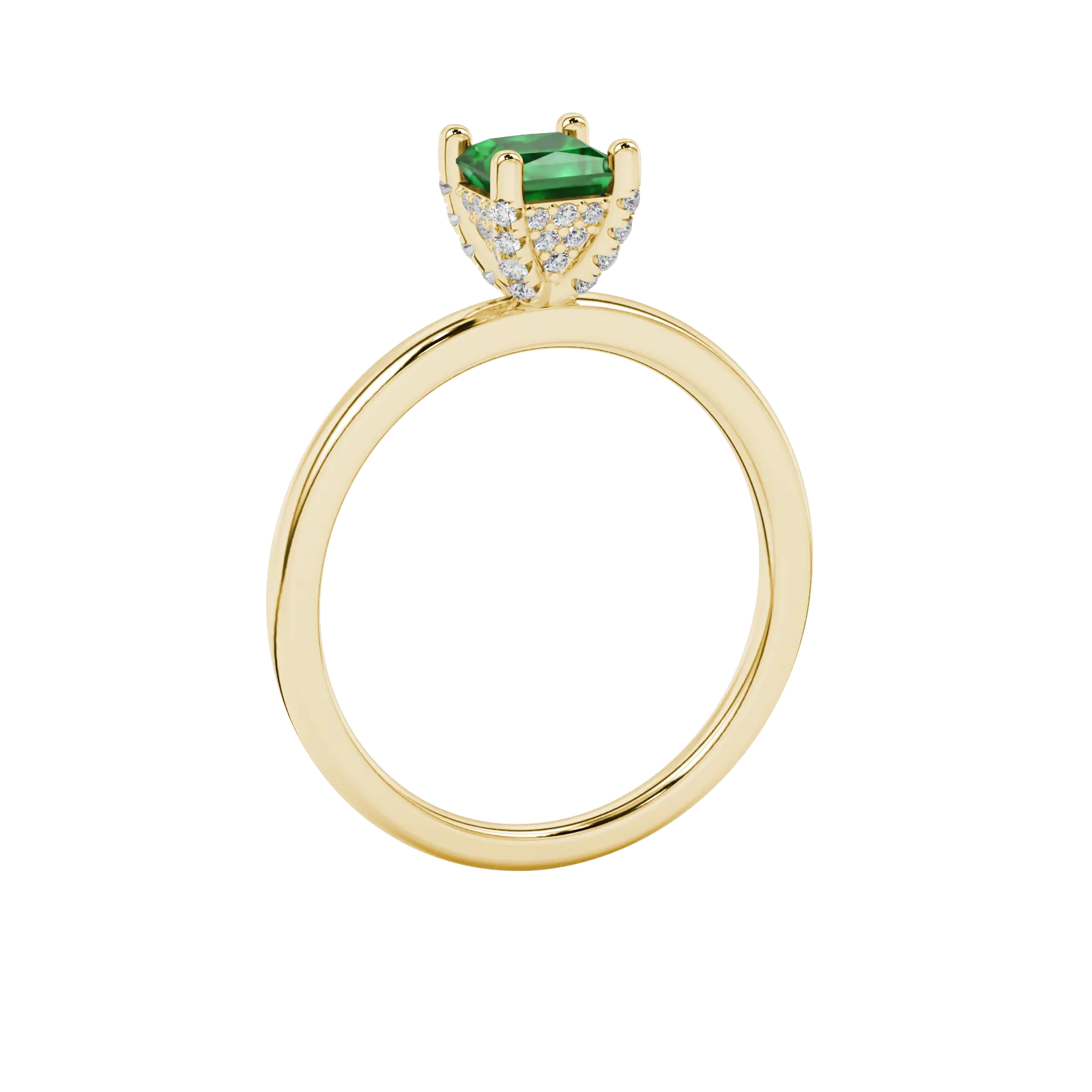 Side profile, yellow gold emerald green ring, pavé basket gallery.
