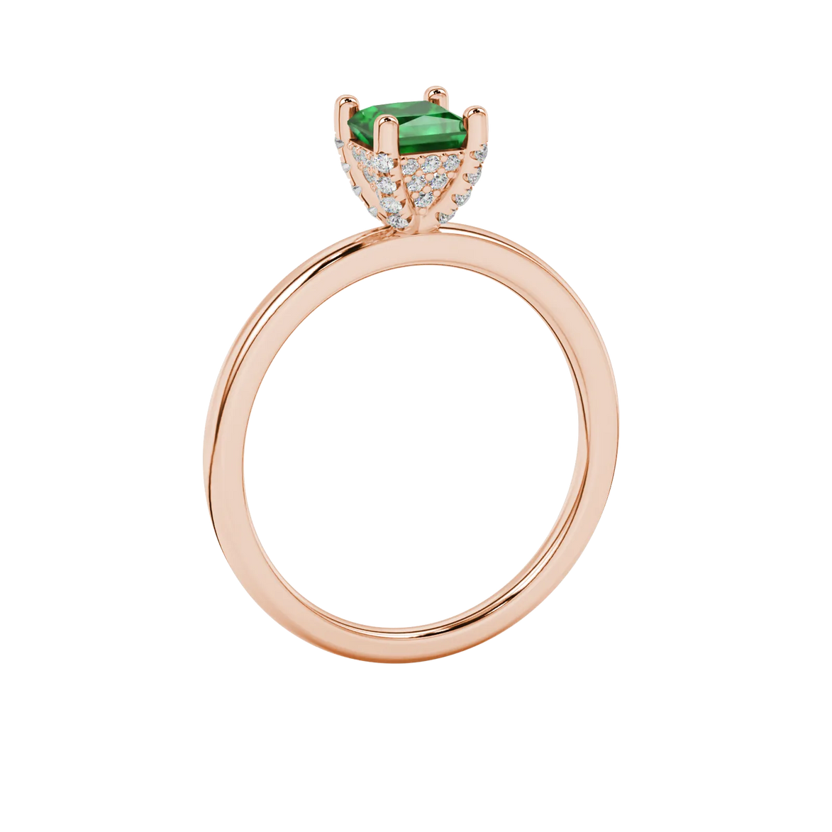 Side profile, rose gold emerald green ring, pavé basket gallery.