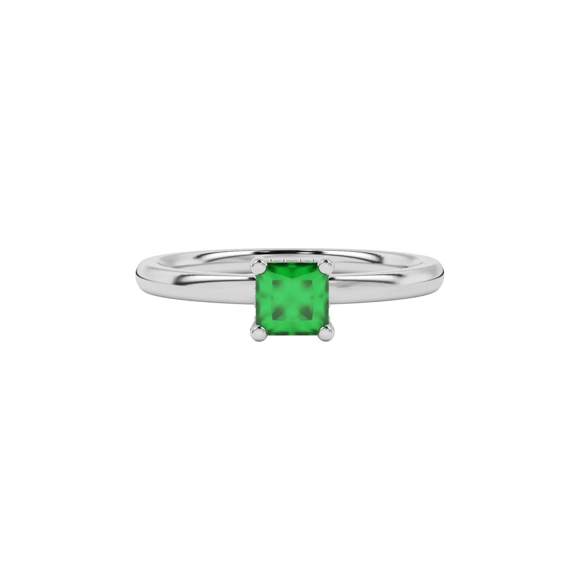 Close-up emerald green gemstone ring, white gold basket setting.