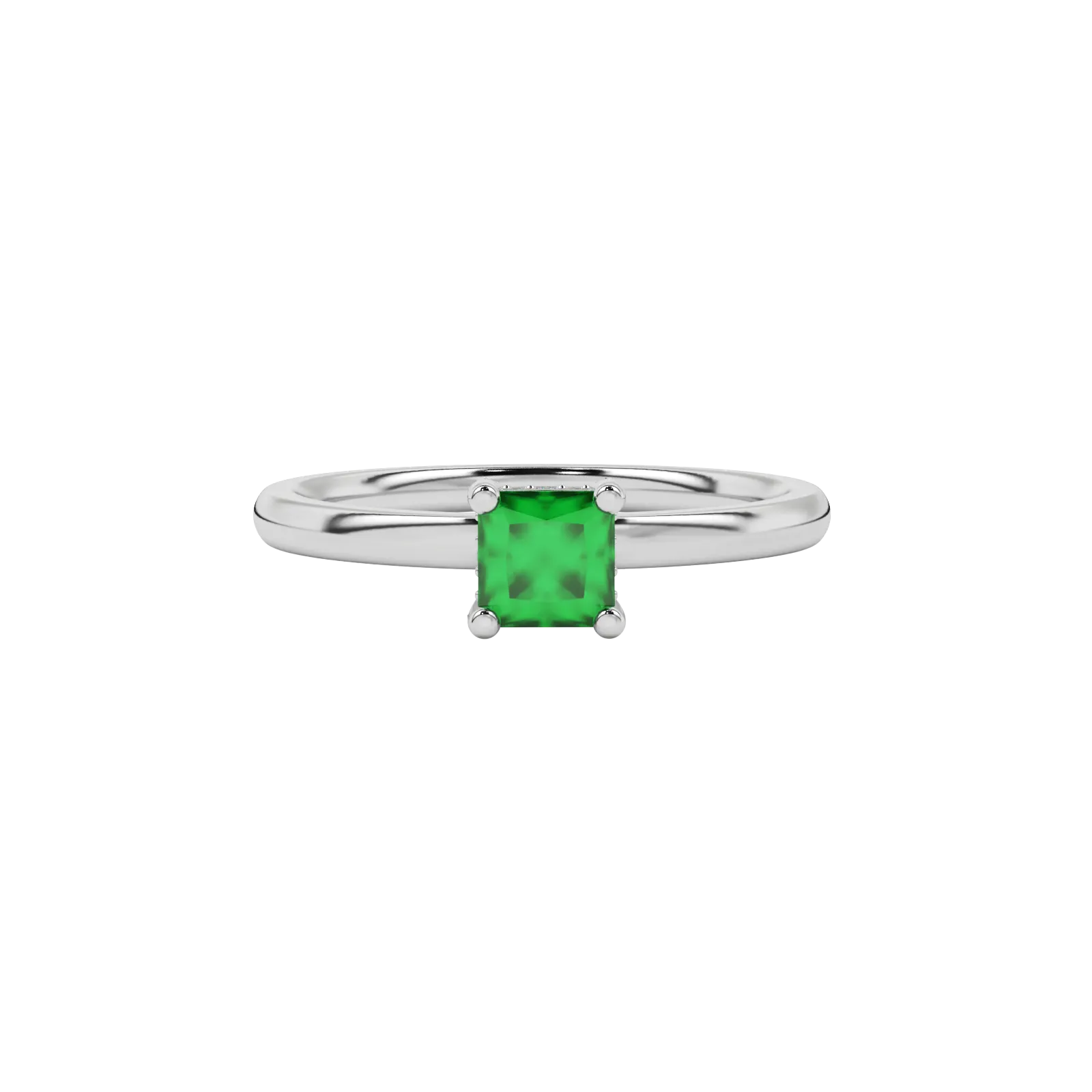 Close-up emerald green gemstone ring, white gold basket setting.