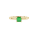 Close-up, princess emerald green gemstone, yellow gold basket ring.