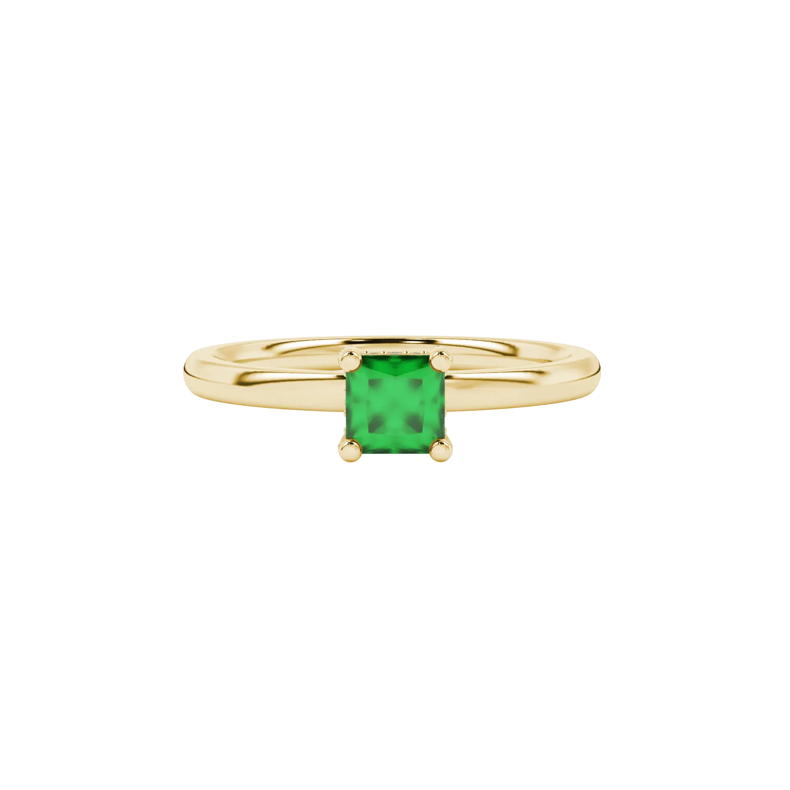 Close-up, princess emerald green gemstone, yellow gold basket ring.
