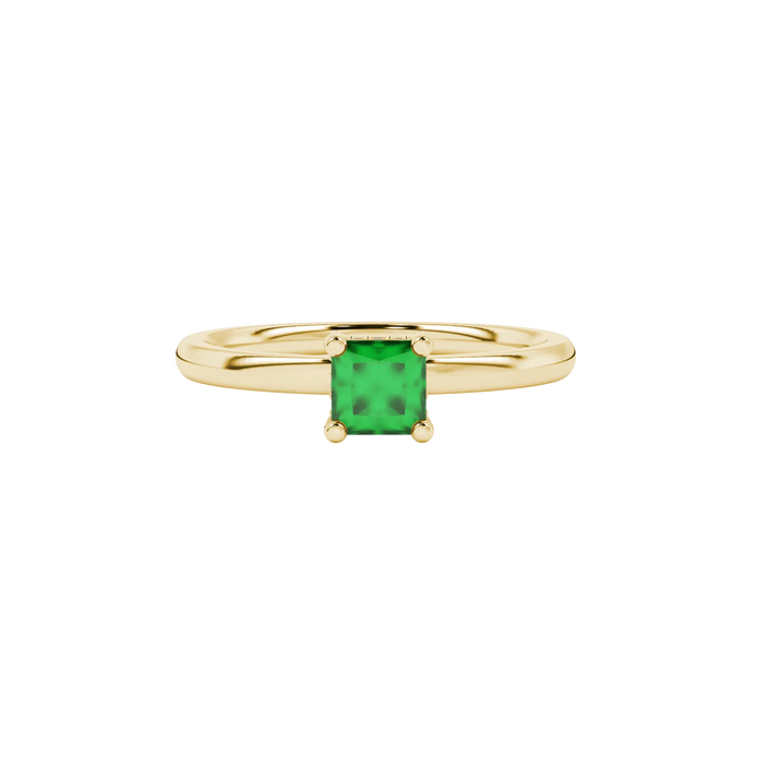 Close-up, princess emerald green gemstone, yellow gold basket ring.